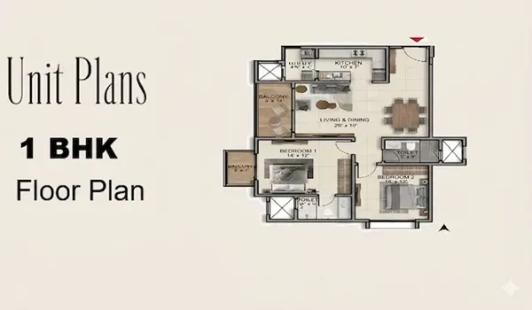 Indicative 1 BHK apartment floor plan — 634 to 666 sq ft at Prestige Mysore Road, Bidadi, Bangalore