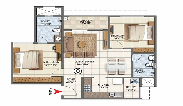 Indicative 2 BHK apartment floor plan — 1,135 to 1,430 sq ft at Prestige Mysore Road, Mysore Road