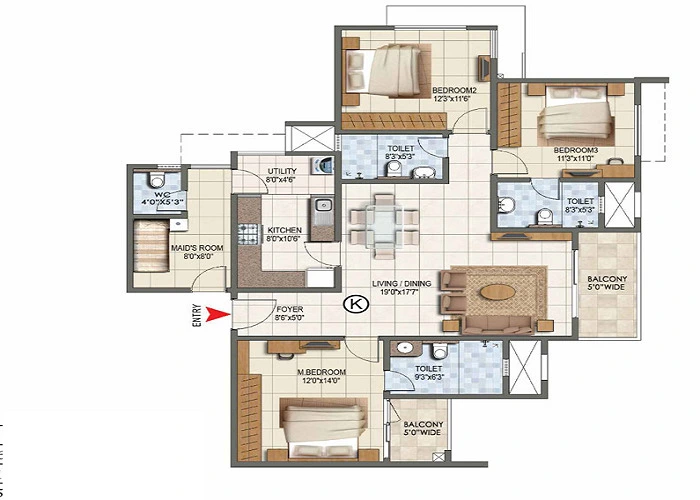 Indicative 3 BHK apartment floor plan at Prestige Mysore Road — 139-acre township, Bidadi, West Bangalore