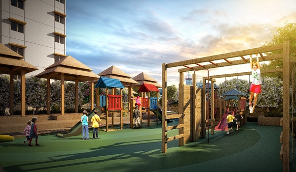 Landscaped children's play area with outdoor greenery at Prestige Mysore Road, Bidadi, Bangalore