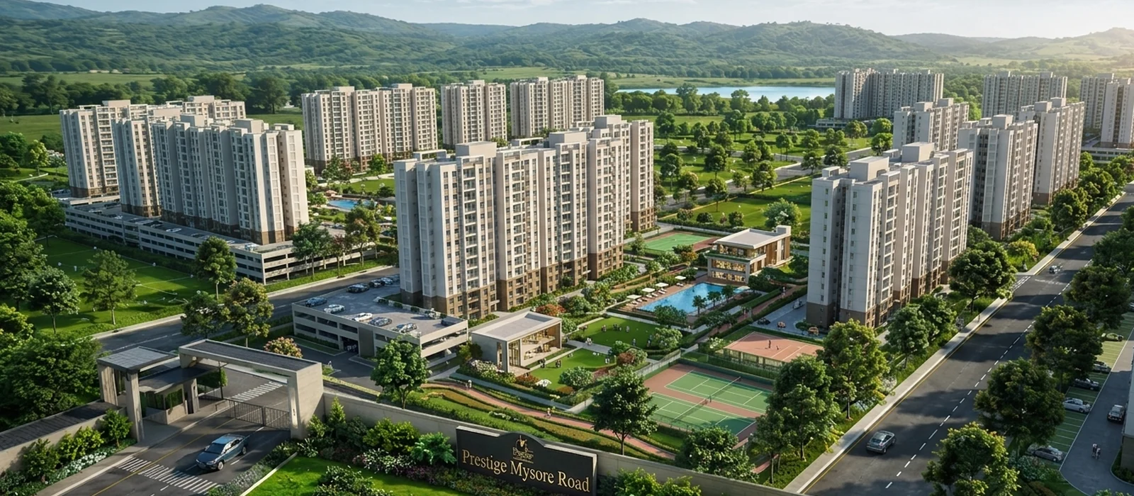 Aerial view of Prestige Mysore Road — 16 high-rise towers with lush green hills at Bidadi, Mysore Road