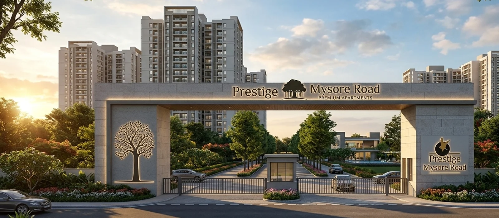 Grand entrance gate of Prestige Mysore Road township at sunset — tree-lined arrival court, Bidadi