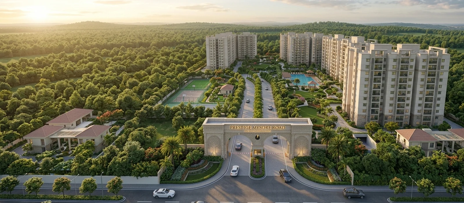 Prestige Mysore Road bird's-eye view showing 80% open green spaces across 139 acres at Bidadi, Bangalore